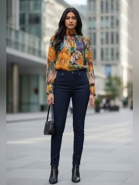 Floral Puff-Sleeve High-Neck Blouse in Multi